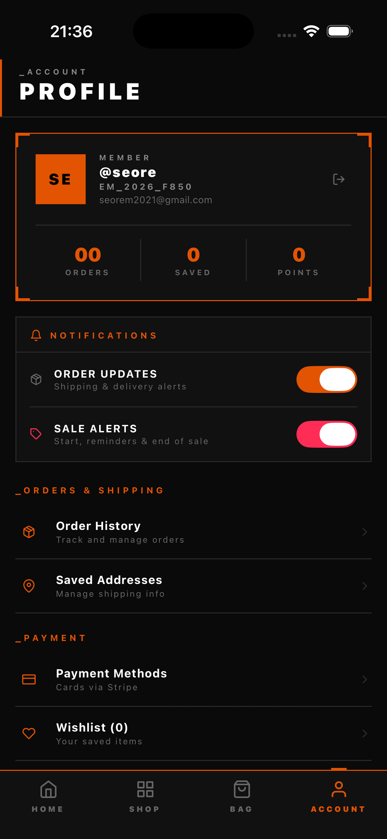 EM Profile screen