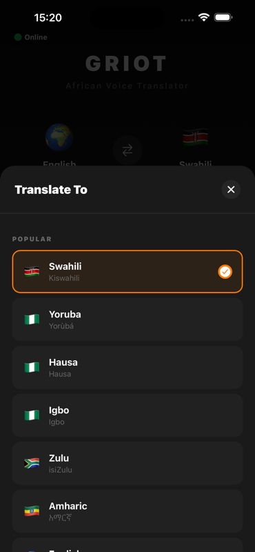 Griot app screen