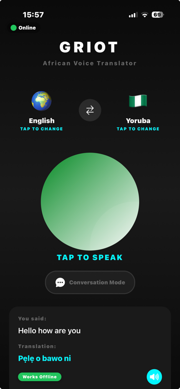 Griot Translate screen