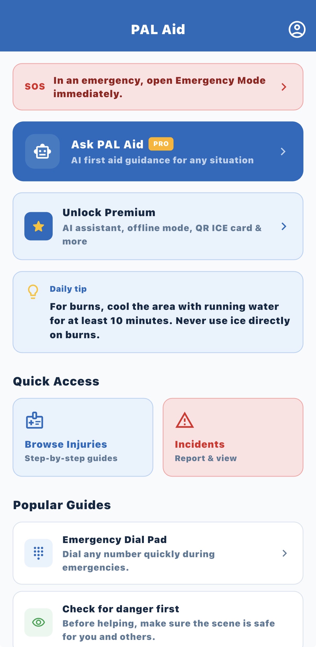 PAL Aid home screen